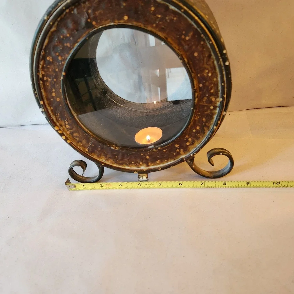 Rustic Metal Round Porthole Lantern Candle Holder Antique Gold Black Devra Style